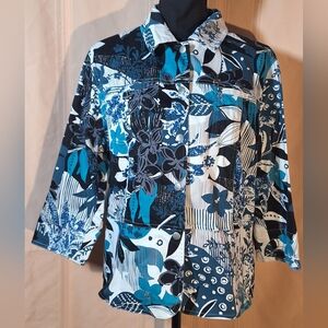 COLDWATER CREEK Blue and White Floral Patterned Blazer/Jacket